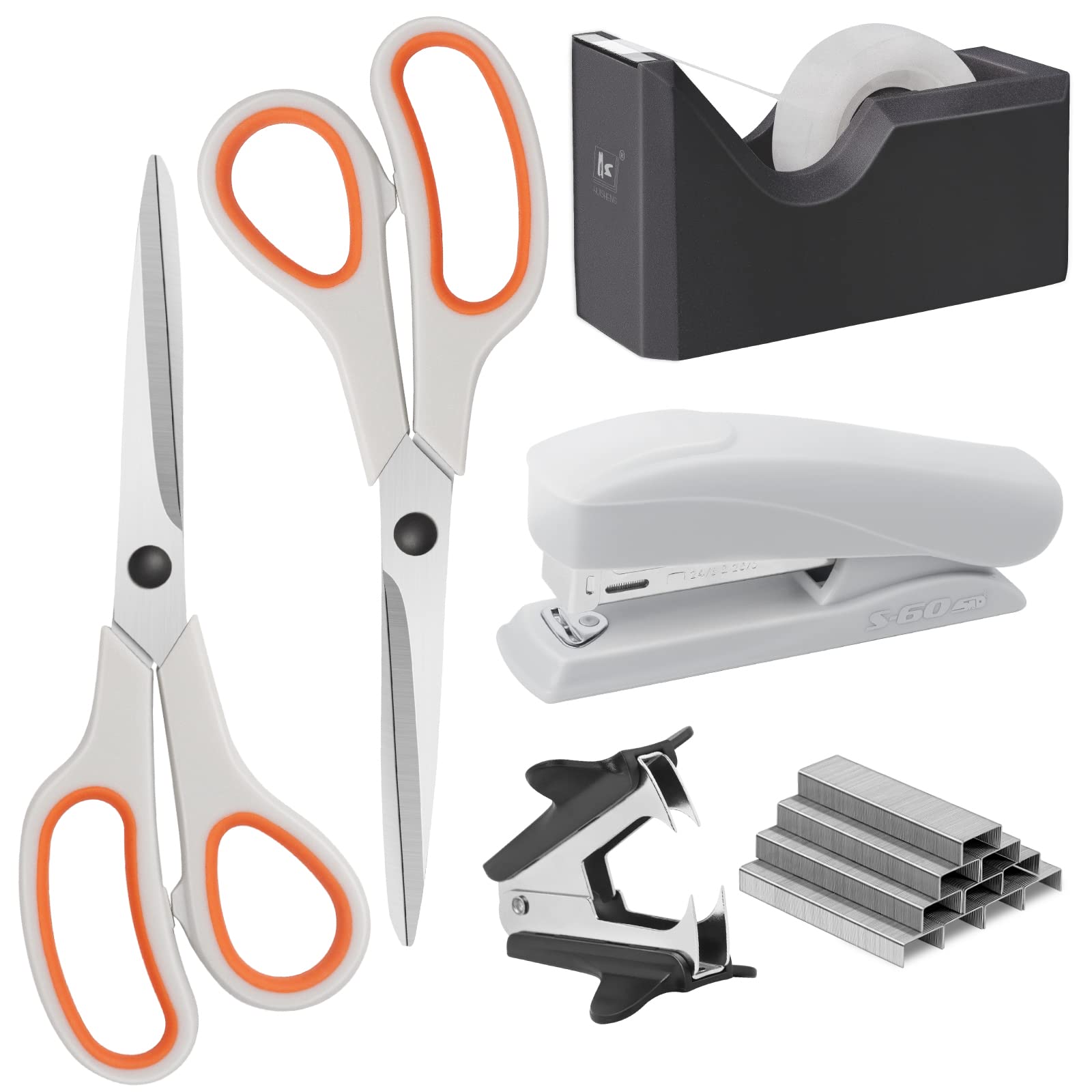 Asdirne Office Supplies Kit, Basic Style, Including Scissors, Stapler, Staples, Remover, Tape Dispenser & Tape, White and Orange