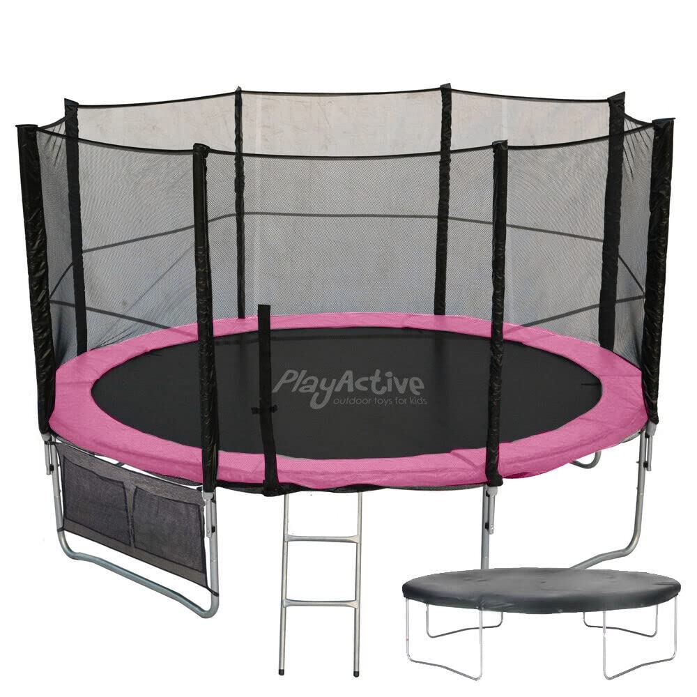 PlayActive 6ft / 8ft / 10ft / 12ft / 14ft / 16ft Kids Trampoline with Safety Enclosure Net, Ladder, Weatherproof Cover, Shoe Bag Included…