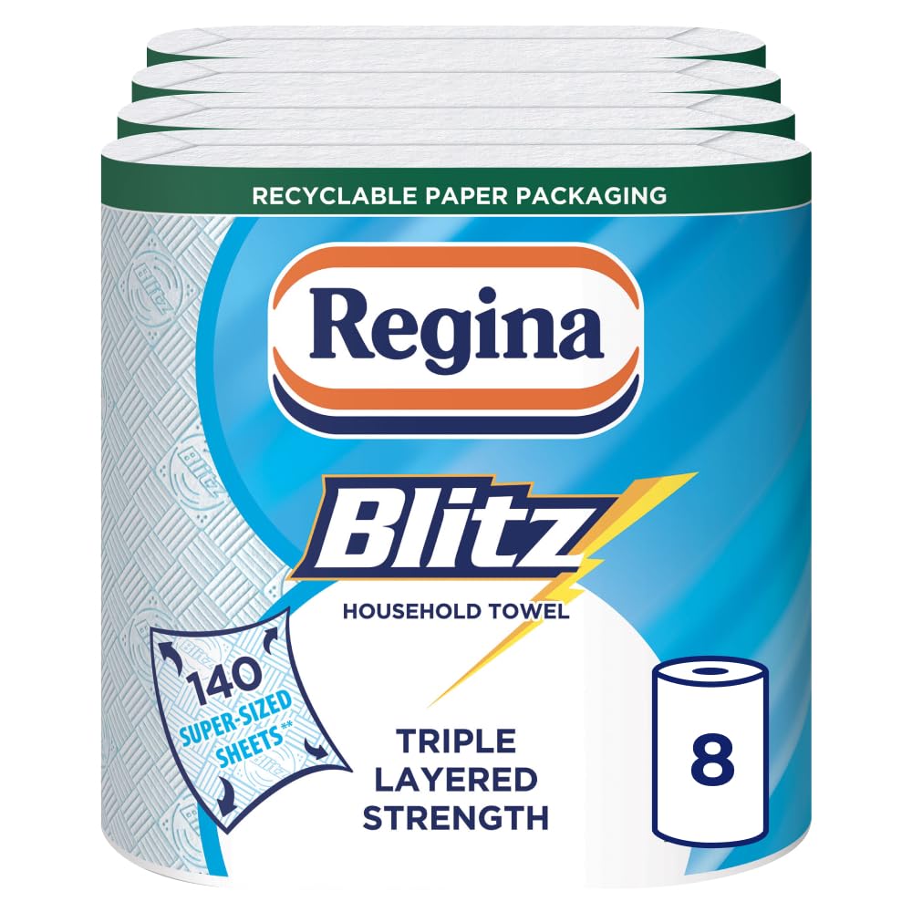 Regina Blitz Household Towels – 8 Triple Layered Rolls, 70 Sheets Per Roll, Paper Packaging, FSC Certified Paper, Recyclable Packaging, 60% Larger Than Standard Kitchen Roll Sheets