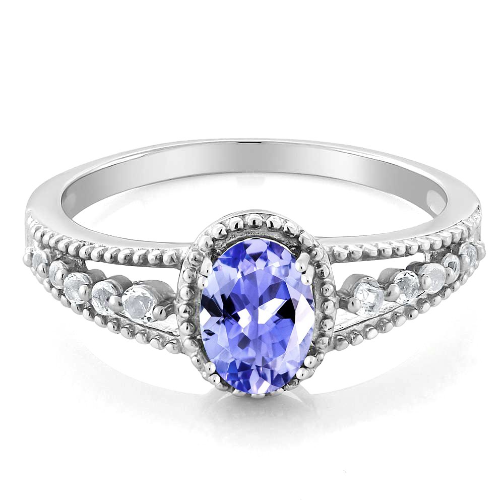 Gem Stone King925 Sterling Silver Tanzanite and White Topaz Engagement Ring For Women (1.00 Cttw, Oval 7X5MM, Gemstone Birthstone, Available 5,6,7,8,9)