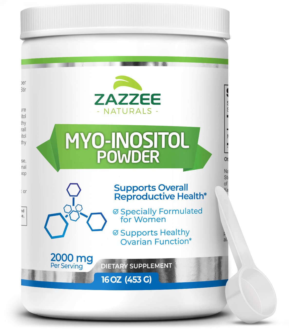 Zazzee Myo-Inositol Powder, 226 Servings, 16 Ounces, 2000 mg per Serving, Includes Free Scoop for Exact Dosage, 100% Pure, Vegan and Non-GMO