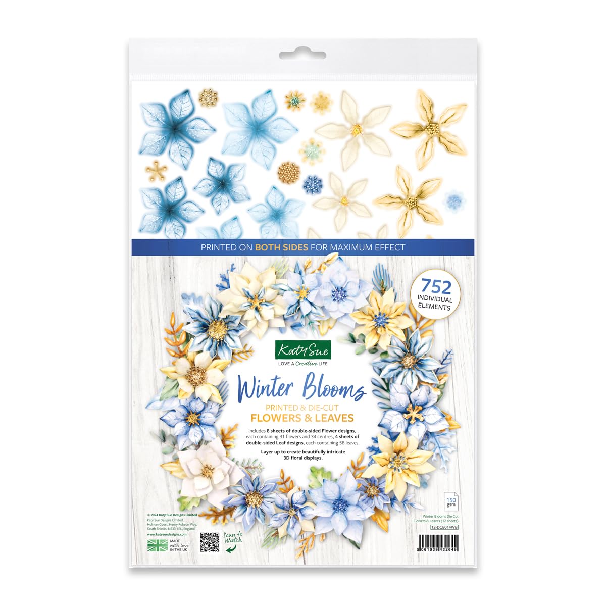 Katy Sue Winter Blooms Die Cut Flowers & Leaves Pack. 12 Sheets of Pre-Cut Double-Sided Paper Flowers & Leaves in Blues & Golds for Christmas Card Making Supplies