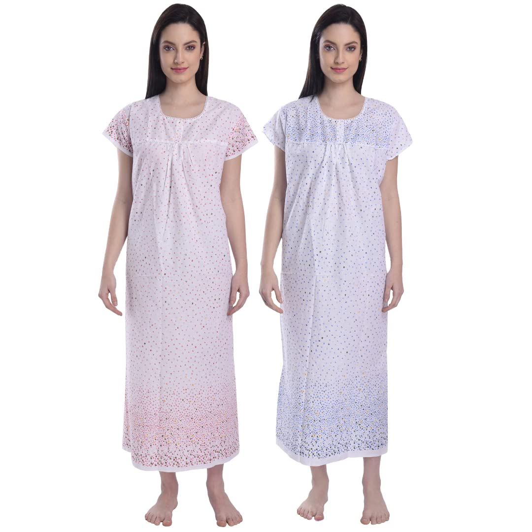 CIERGE Women's Cotton White Natural Printed Maxi Nighty (Pack of 2; Red & Blue)