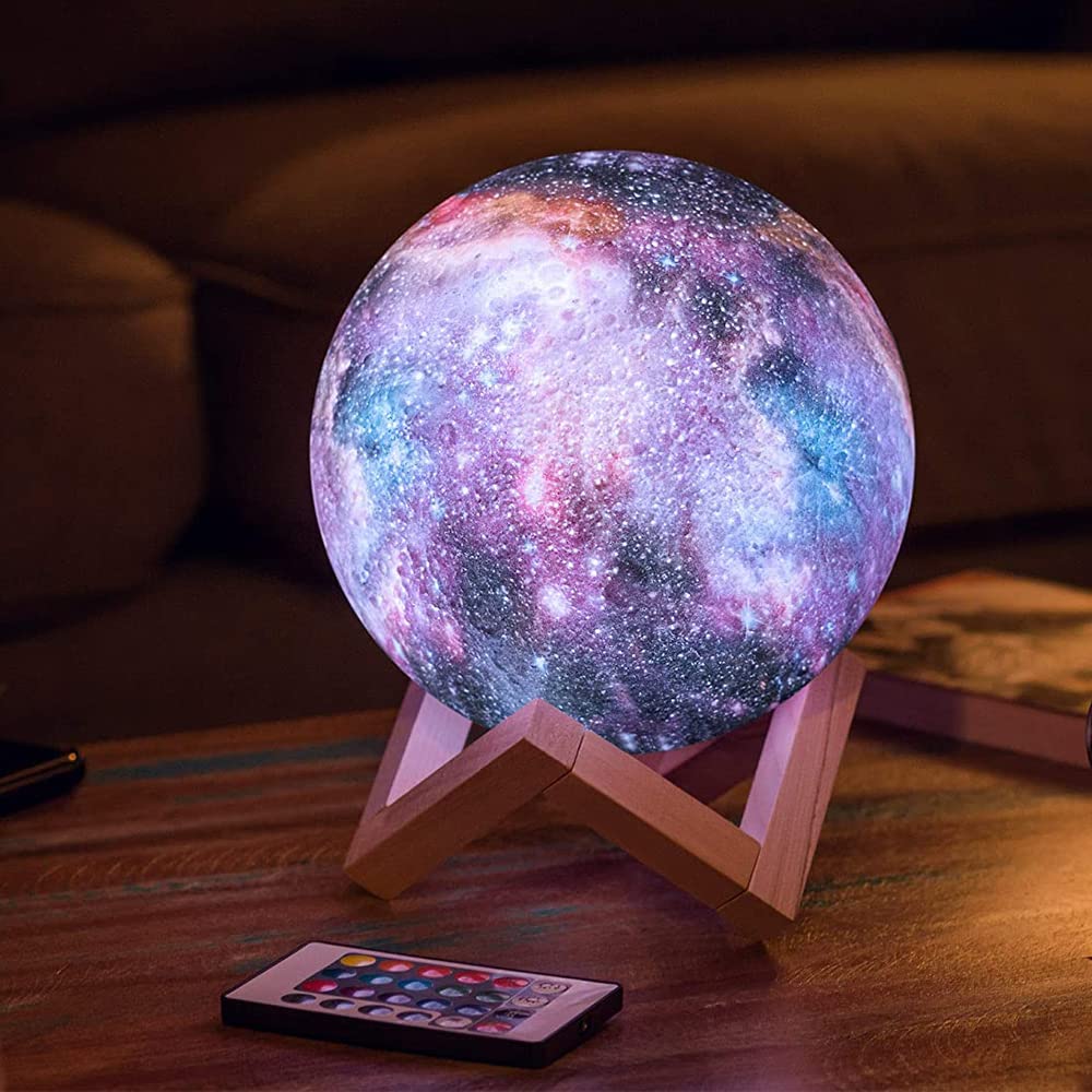 Nestling Moon Lamp, 16 Colors LED 3D Print Star Moon Light Kids Night Light Galaxy Lamp Table Lamp with Wooden Holder Portable USB Charging Moonlight Gift (15 cm)