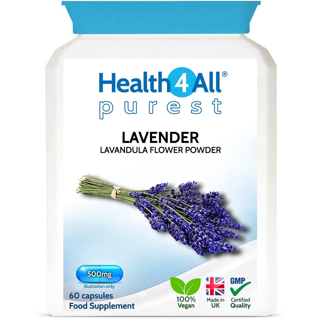 Health4All Lavender 500mg 60 Capsules (not Tablets or Oil) Purest - no additives. Vegan Lavender Capsules for Anxiety, Relaxation and Sleep