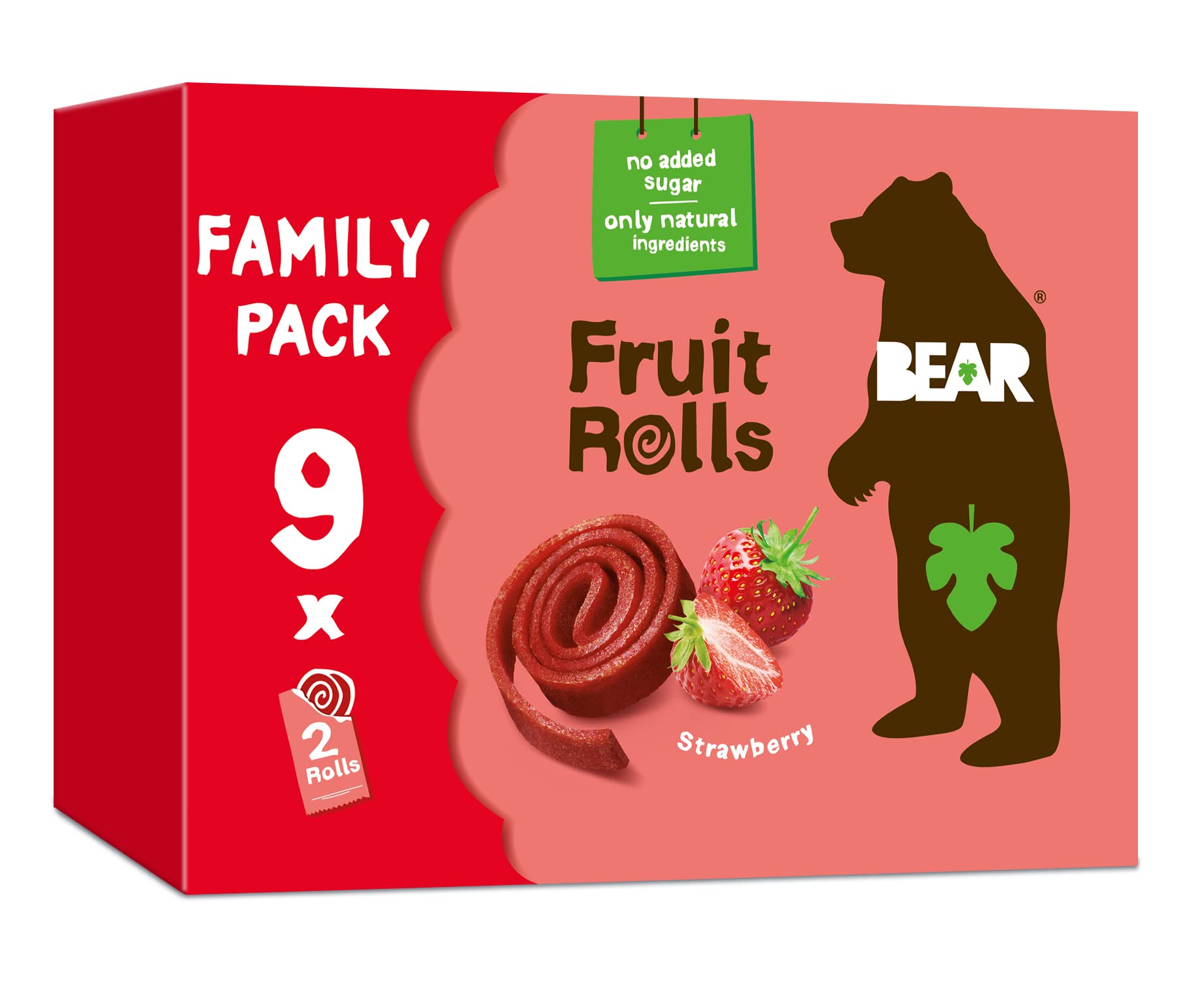 BEAR Fruit Rolls Strawberry - 100% Natural Ingredients - No added sugar - Healthy School And Lunch Snacks For Kids And Adults - 9 x 20g