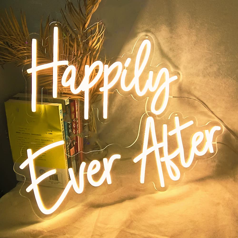 WORLD-DECO DECO'Happily Ever After'Neon Sign for Wedding Valentine's Day Birthday Party Engagement Decoration Dimmable Art Wall Decor LED Light(Happily Ever After)