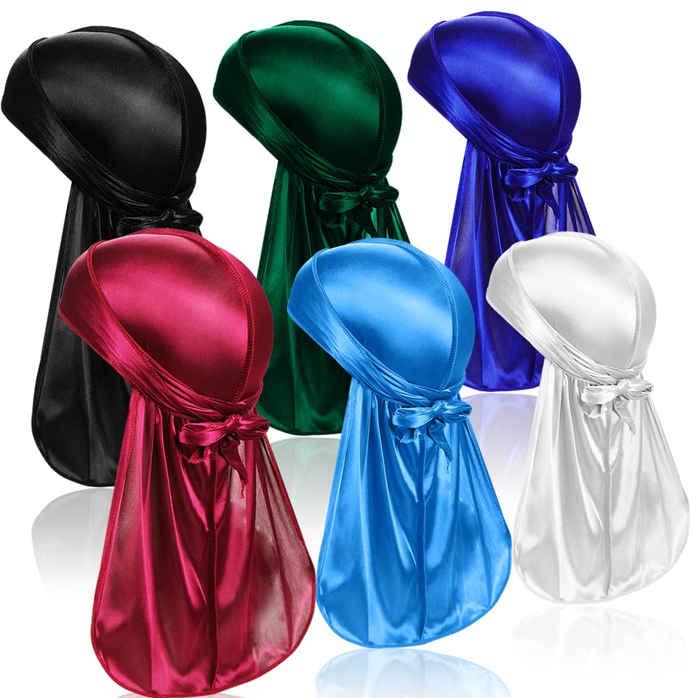 ASKNOTO6 Pcs Silky Durag Headwraps Dorag for Men Women Waves, Durags Pack with Long Tail and Wide Straps, 6 Colors