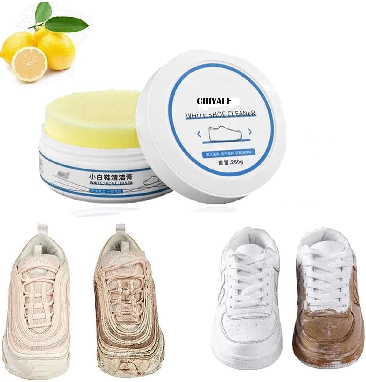 CRIYALE White Shoe Cleaning Cream, Practical Shoe Cleaning Kit, Shoe Cream with Sponge, Shoes Whitening Cleansing, Sneaker Cleaner, Stain Remover Cream for Shoe, Sports Shoes, Leather Shoes(260GM)