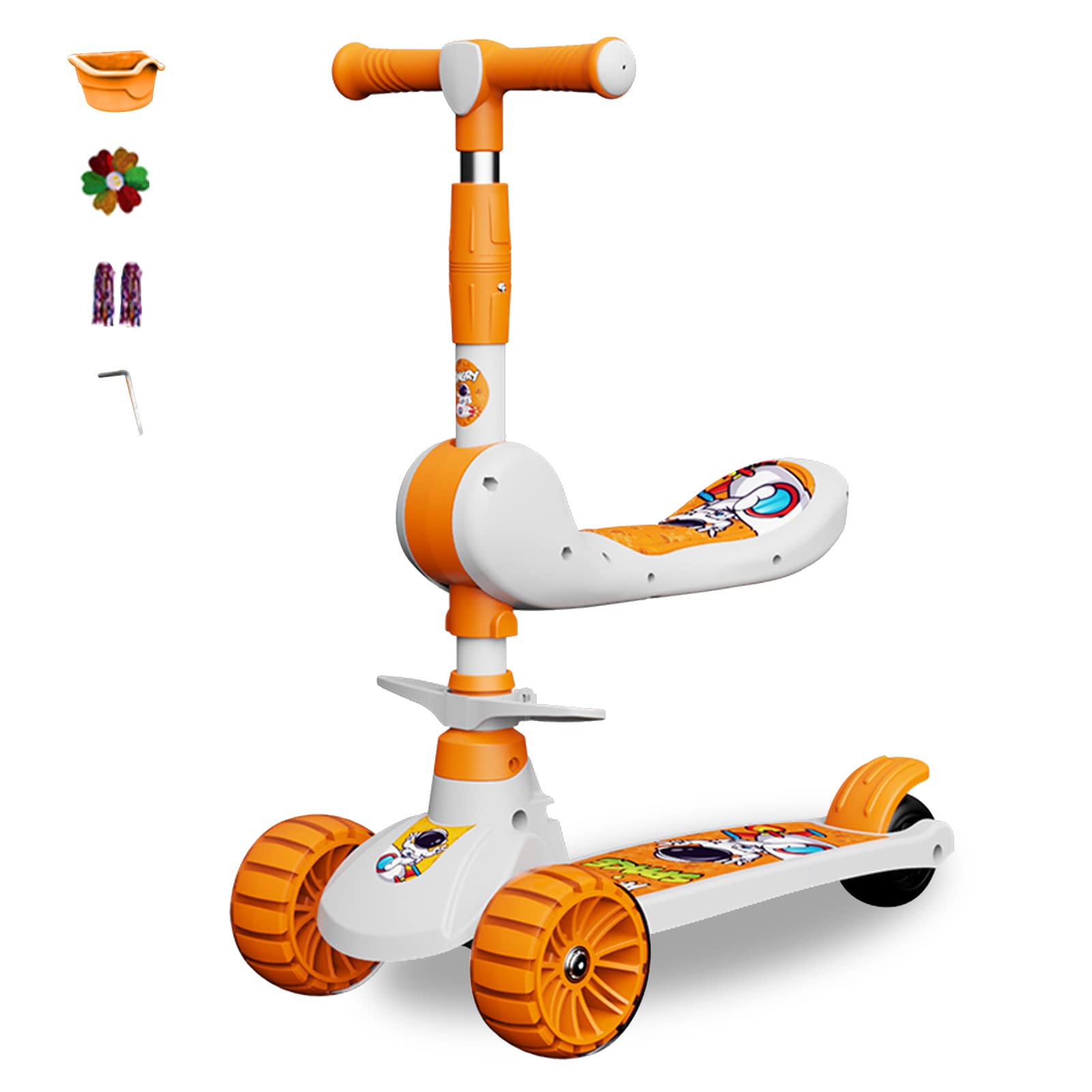 Beauenty 3-In-1 Kids Scooter, Multifunctional Foldable Three-Wheeler Scooter, Cute Astronaut Scooters for Toddler, Suitable for 1-3-6 Years Old Boys, Girls' Kick Scooter