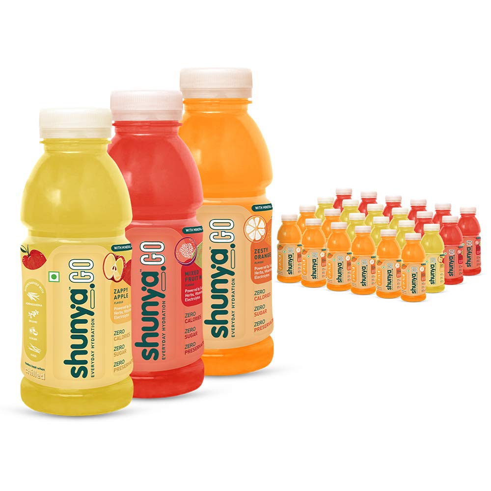 Shunya Go Combo | Sugar Free Flavoured Drink | Immunity-Boosting | 0 Calories & 0 Preservatives | Everyday Hydration – Vitamins, Minerals & Electrolytes | 4 Super Herbs | 300ml- 8 x 3 Flavours (Pack of 24)