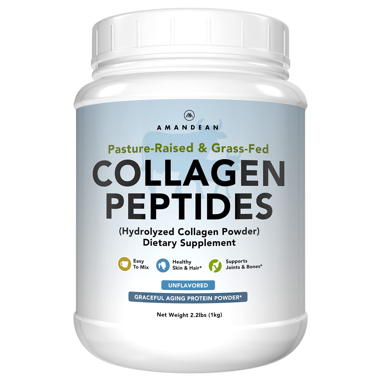 AMANDEAN Collagen Peptides Powder XL. Grass-Fed, Hydrolyzed, Type I & III. Bovine Hydrolysate. Agglomerated, Easy to Mix, Unflavored, Non-GMO. Protein with 18 Amino Acids for Healthy Skin Hair Nails