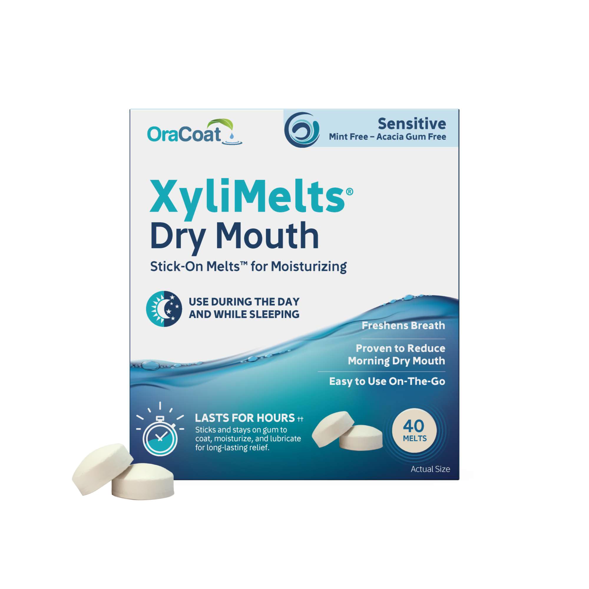 OraCoat XyliMelts Dry Mouth Relief Moisturizing Oral Adhering Discs 40 Count, Sensitive with Xylitol, for Dry Mouth, Stimulates Saliva, Non-Acidic