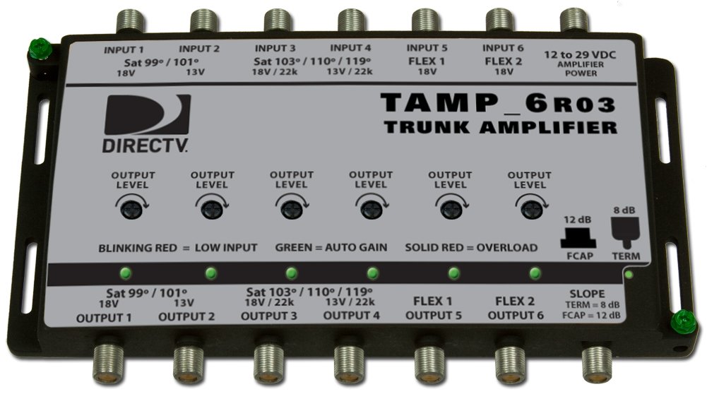 TAMP6R03-T12 DIRECTV 250 to 2150 MHz (6) coax amplifier with automatic gain, adjustable output and selectable slope, includes PS121000A power adaptor