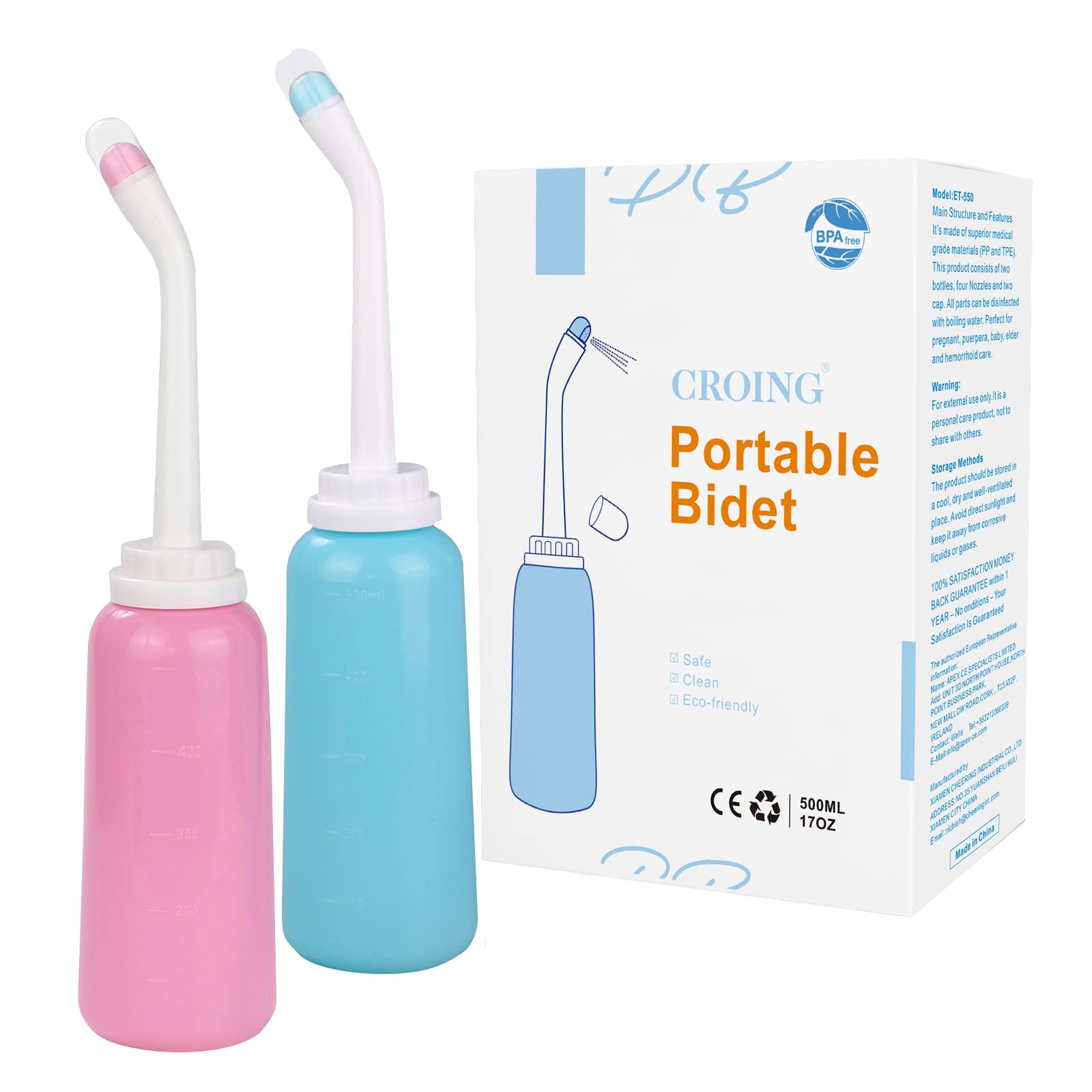 CROING 𝙋𝙤𝙧𝙩𝙖𝙗𝙡𝙚 𝘽𝙞𝙙𝙚𝙩 - 2PCS Portable Bidet - Squeeze Momwasher Bottle 500ml 17oz - Portable Shower-Travel Bidet Toilet Bottle for Adult Women,Postpartum Care,Hemorrhoids