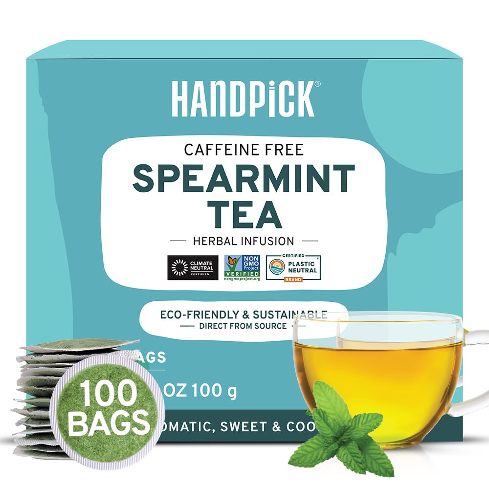 HANDPICKSpearmint Tea Bags (100 Herbal Tea Bags) Premium Spearmint Leaves, Caffeine Free | Non-GMO, Gluten Free | Round Eco-Conscious Tea Bags | Light & Fresh