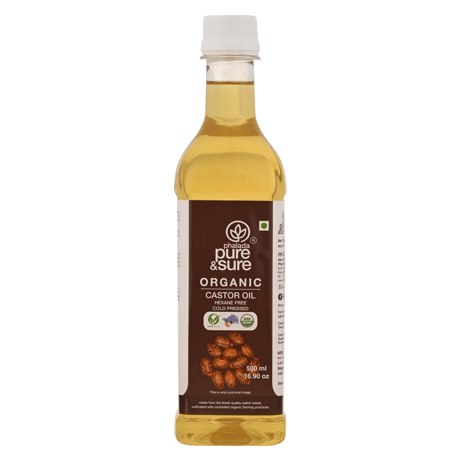 Pure & Sure Organic Castor Oil 500ml x Pack of 1 | 100% Natural & Cold Pressed | For Hair Growth, Eyelashes, Eyebrows & Skin - Natural Moisturizer & Conditioner - Organic Beauty Essential