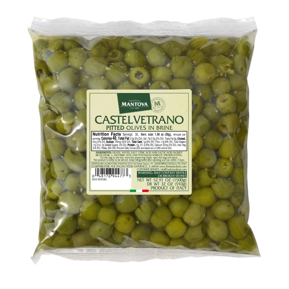 MantovaPitted Castelvetrano Olives in a Mild Brine, Product of Italy, 100% Natural, Non-GMO, High-Quality Nocellara del Belice Olives, Heart-Healthy, Ready-to-Eat for Charcuterie Boards, Antipasto Platters, Aperitivo, Cocktails, Martinis, Salads, Sauces, Dips, Sandwiches, Wraps, Panini, Bruschetta, Pizza, Focaccia, Gluten-Free, Low-Glycemic, Low-Carb, Cholesterol-Free, Vegan-Friendly, Paleo-Friendly, 52.91 oz. (3.3 lbs.) (Pack of 1)