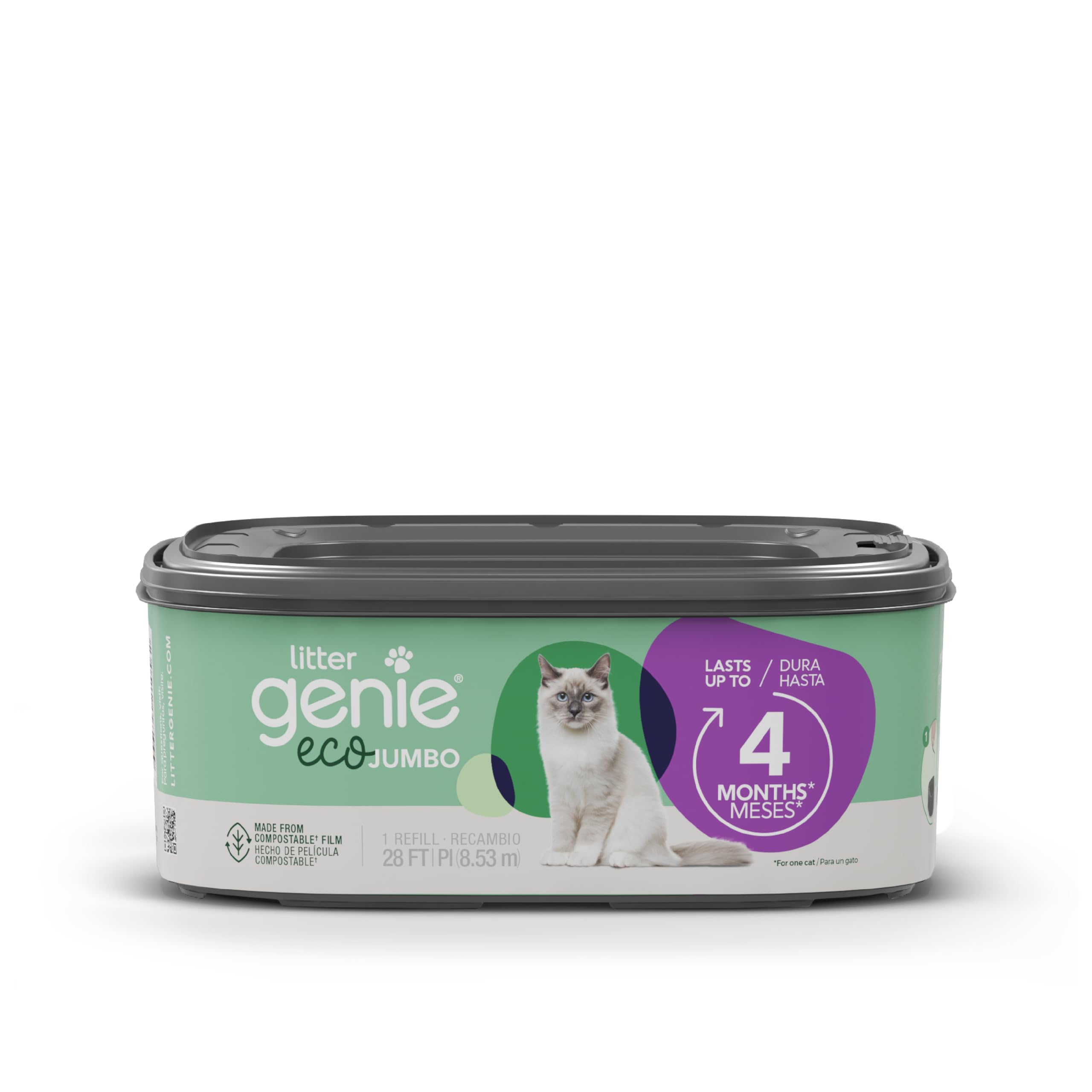 Litter Genie Eco Refills | Compostable Cat Litter Bags Jumbo 1-Pack | Up to 4 Months of Supply in 1 Cartridge