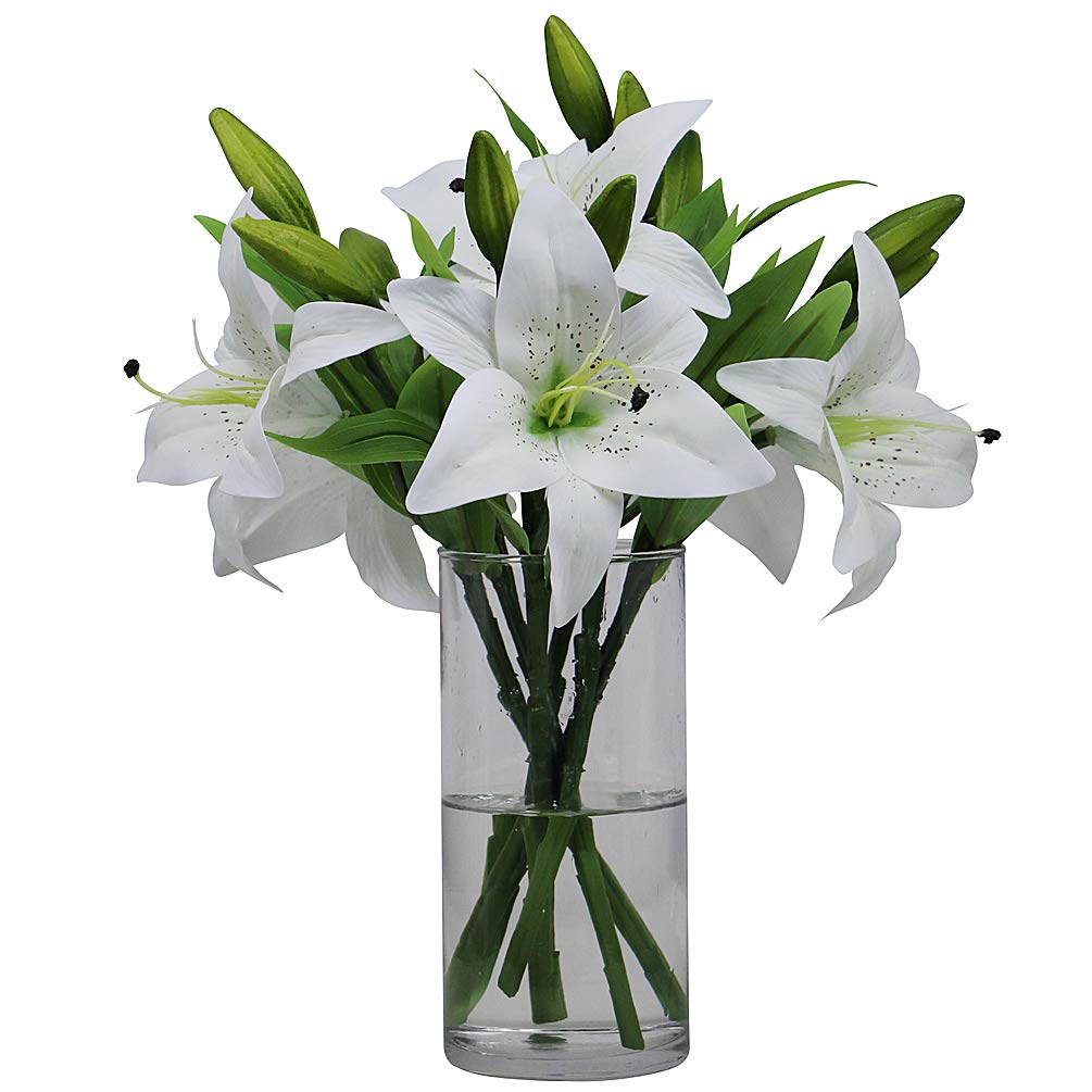 Omygarden 6pcs White Artificial Lily Flower, Faux Plastic Lily, Home Office Garden Wedding Party Decoration