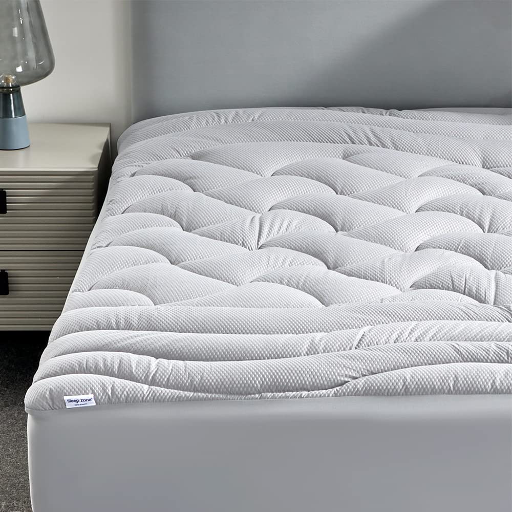 SLEEP ZONE Cooling Twin Mattress Topper for Single Bed, Premium Zoned Quilted Mattress Pad, Fitted Mattress Protector Cover, Machine Wash Durable, Deep Pocket 8-21 inch, Silver Grey, Twin