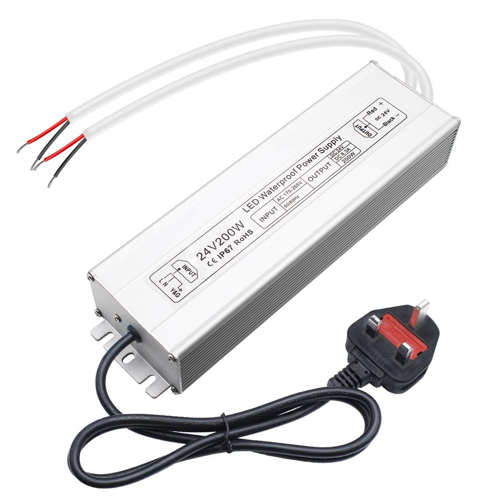 inShareplus LED Power Supply, 24V 200W IP67 Waterproof Outdoor Driver, AC 90-265V to DC 24V 8.3A Low Voltage Transformer, Adapter with 3-Prong Plug for LED Light, Computer Project, Outdoor Use