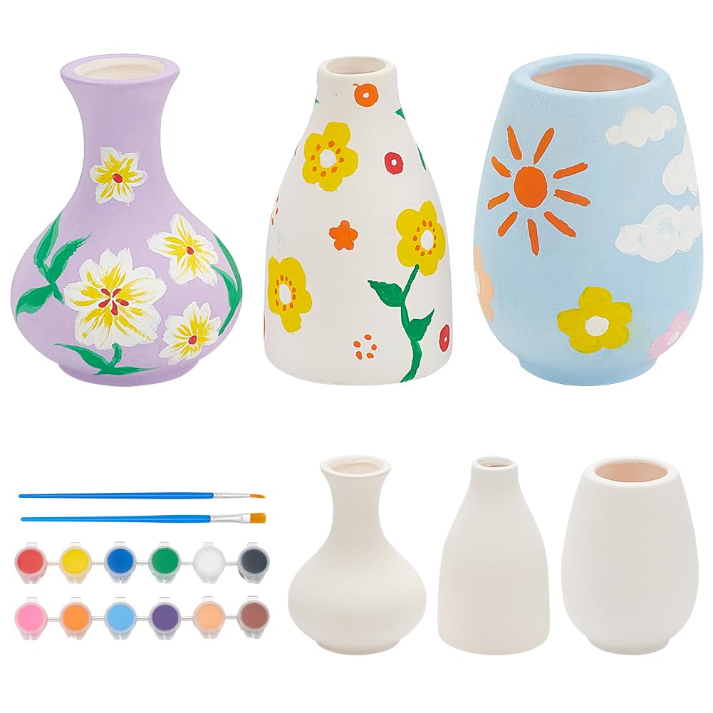 WEBEEDY 3 Set Vase Pottery Painting Kit Paint Your Own Ceramic Pottery Unpainted Ceramic Flower Pots DIY Arts and Crafts Kit for Beginners Classroom Craft Project Fun Home Acticity