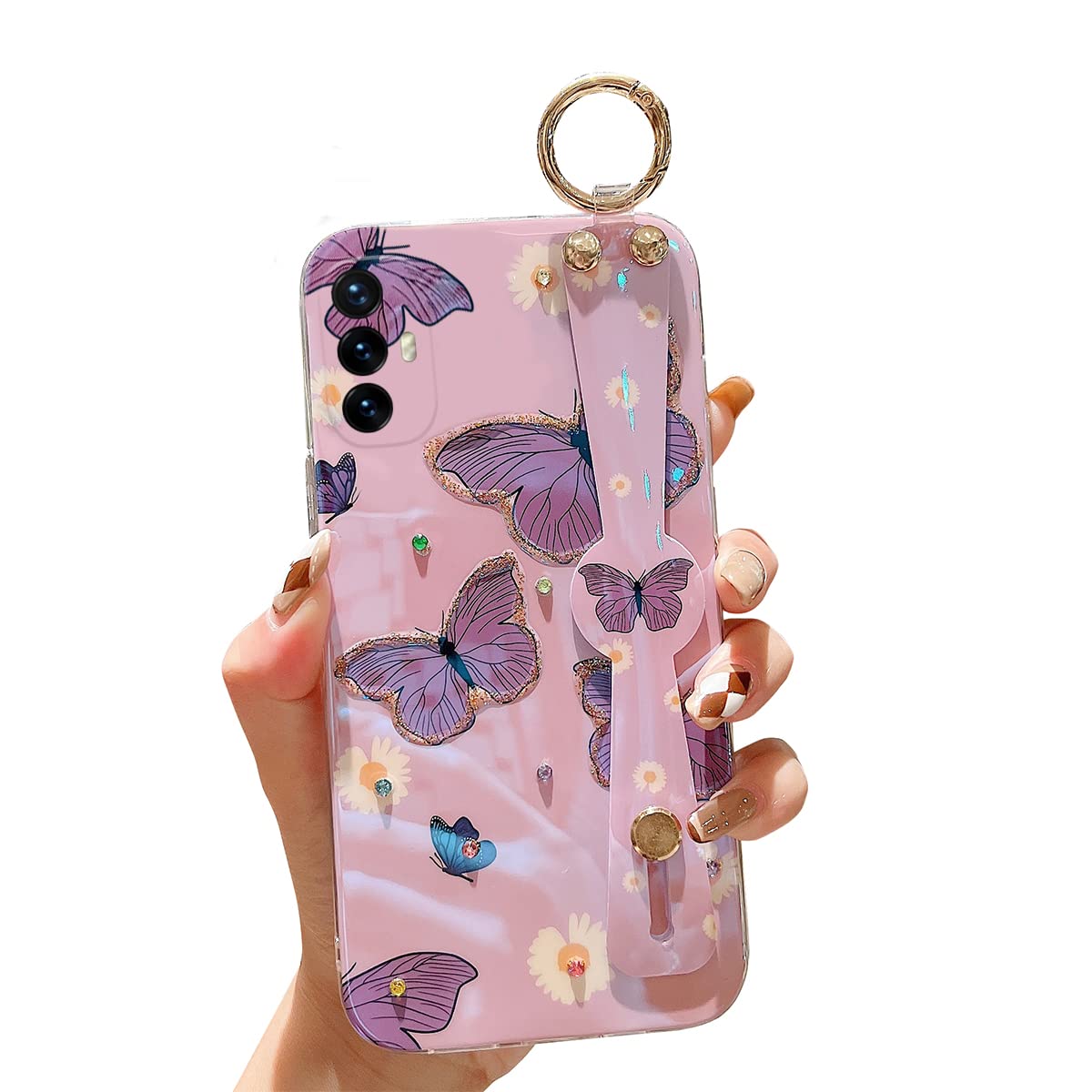 for Motorola Moto G Power 2022 6.5" Case with Wrist Strap Stand Glitter IMD Cute Kawaii Cartoon Pattern Design Shockproof Protective Phone Cases for Girls & Women - Butterfly