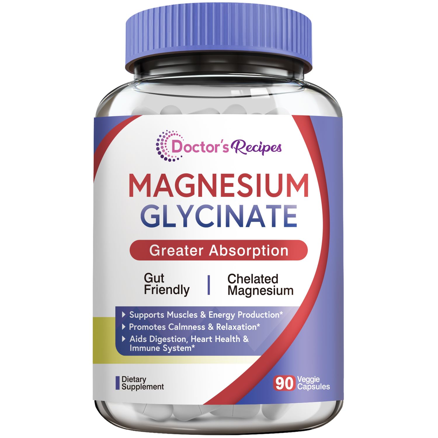 Doctor's RecipesMagnesium Glycinate 500mg for Men & Women, Amino Acid Chelated, Non Buffered, High Absorption, Easy on Stomach, Support Calm, Bone, Muscle, Heart, Energy, Nerve, 90 Vegan Capsules