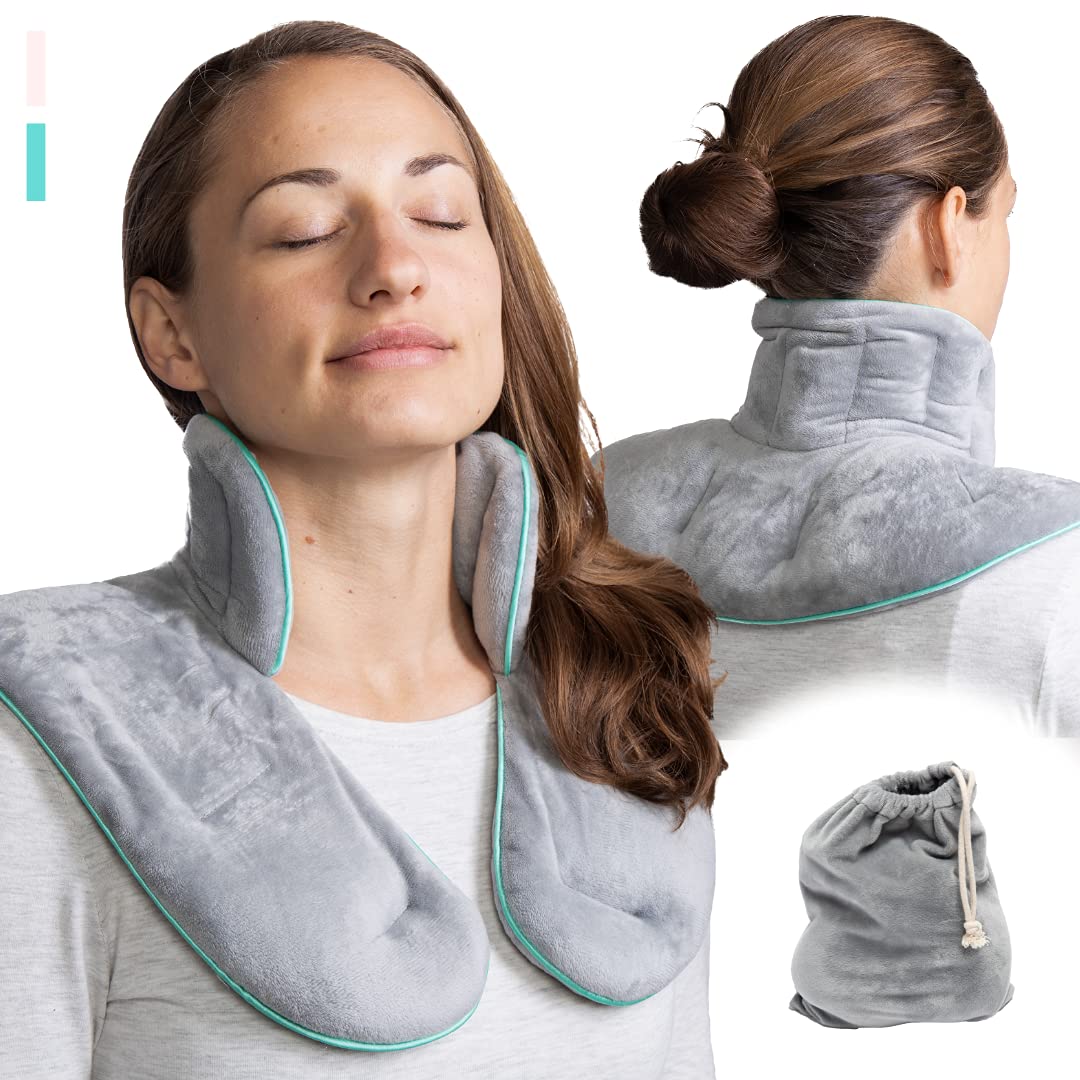 Microwavable Neck Wrap - Weighted Herbal Aromatherapy Heating Pad for Neck & Shoulders (Men & Women) – Neck Wrap for Muscle Pain, Anxiety & Stress Relief (Grey/Turquoise)