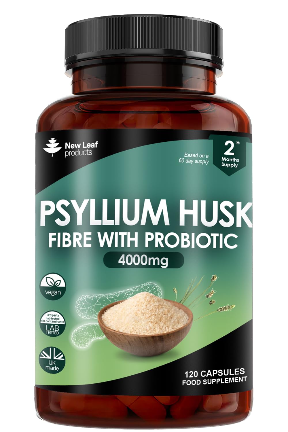 Psyllium Husk Capsules Enriched With Probiotics Fibre Supplement High Absorbency Strength Contributes Towards Gut And Digestive Health from Plantago Ovata Seeds, Ispaghula Husk, Gluten-Free Made in UK