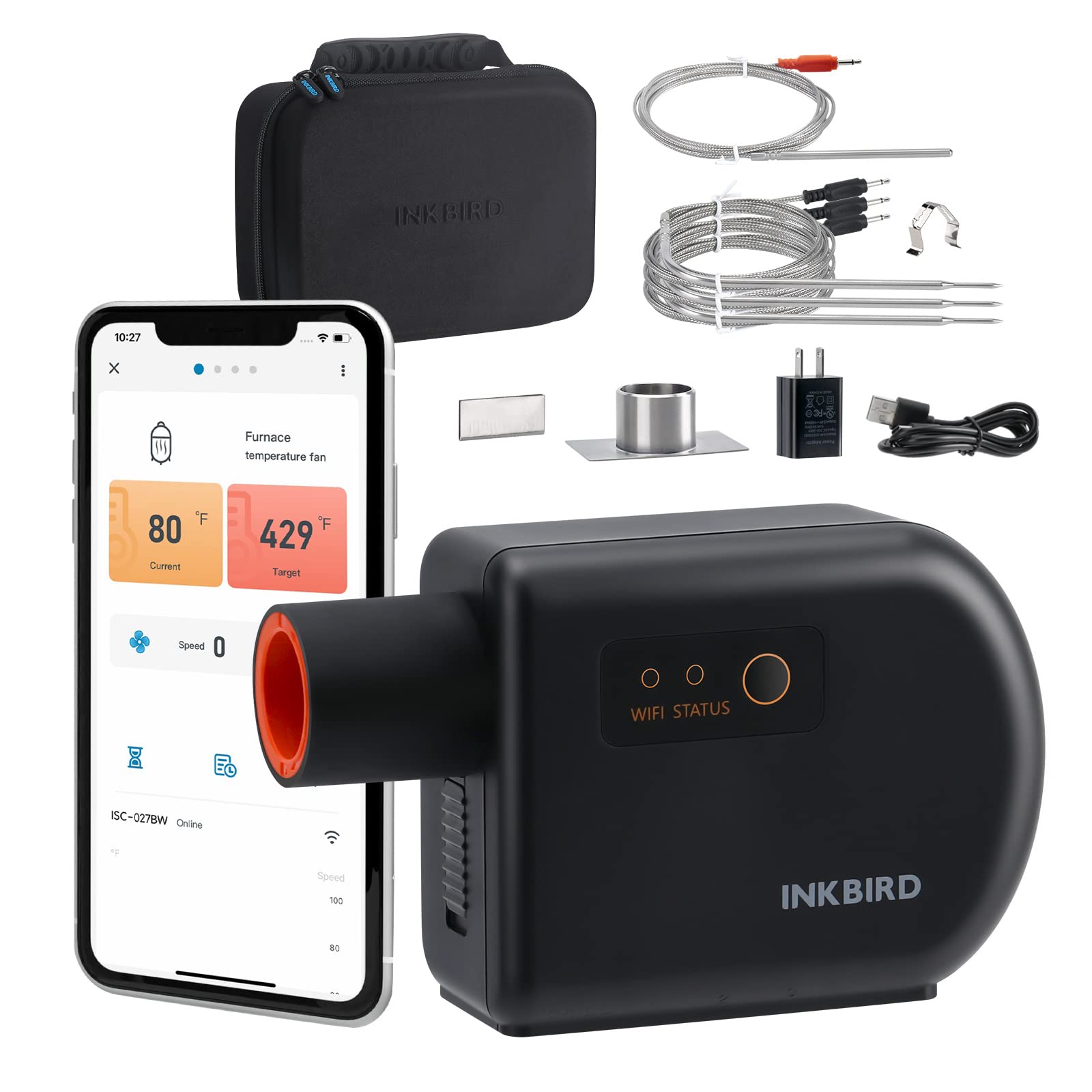 INKBIRD ISC-027BW Wi-Fi Bluetooth BBQ Temperature Controller, Automatic Smoker Fan Controller, Grill Thermometer with 4 Probes for Big Green Egg, Kamado Joe, Primo, Vision Grill, Akorn Kamado