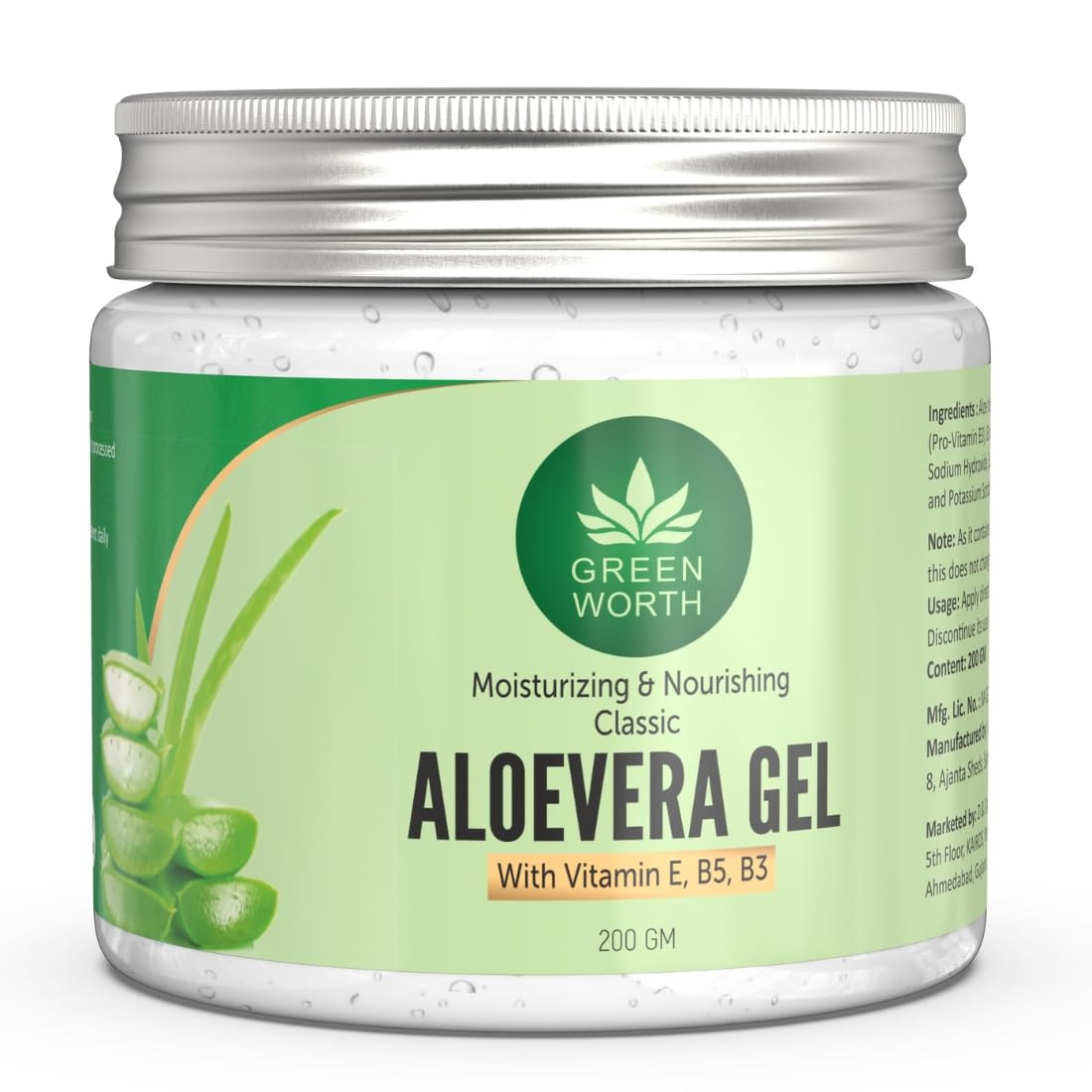 GREEN WORTH Pure Aloe Vera Gel With Vit B3, E And Pro-Vit B5 | 200 Gms