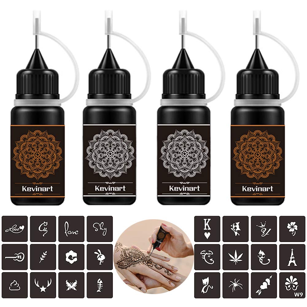 Kevinart Temporary Tattoo Kit, Semi Permanent Tattoo Jagua Freehand Gel/Ink with 24 Free Stencils, DIY Tattoos Fake Freckles, Full Accessories 4 Bottles 2 Oz (2Brown 2Black)