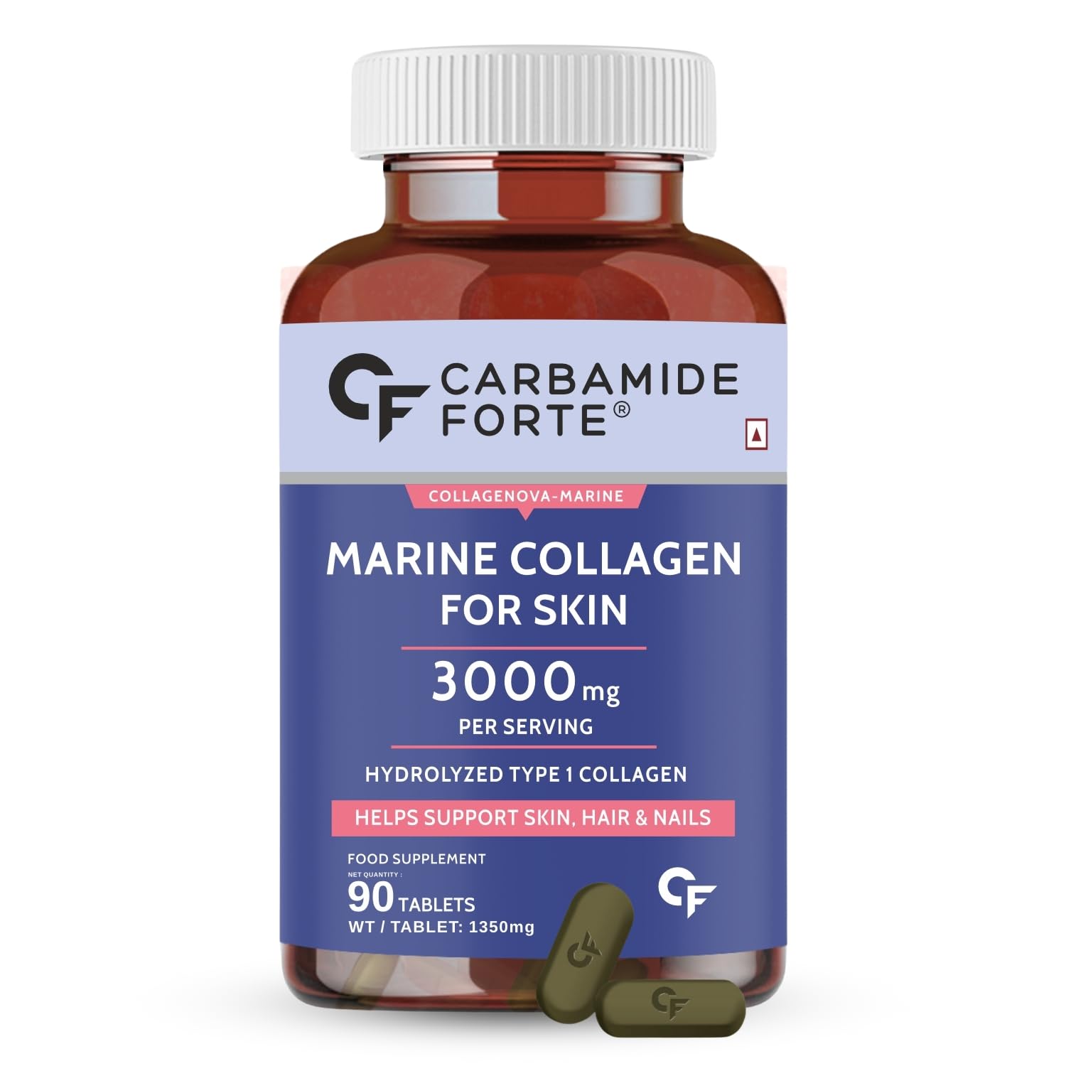 Carbamide Forte Hydrolyzed Marine Collagen, 90 Tablets | Peptides 3000mg with Biotin & Hyaluronic Acid - Collagen Type 1 Powder