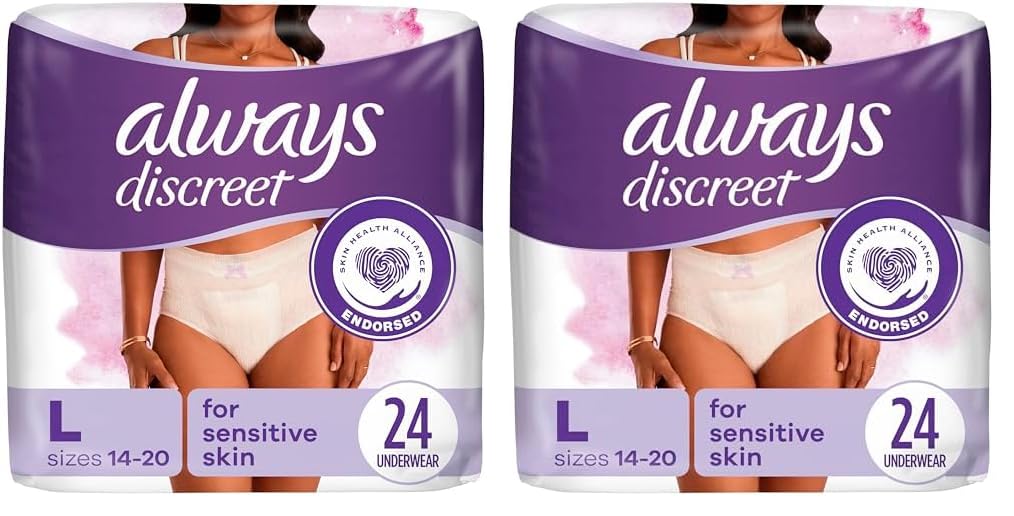 Always Discreet Sensitive, Incontinence & Postpartum Underwear for Women, Maximum Plus Protection, Large, 24 Count (Pack of 2)