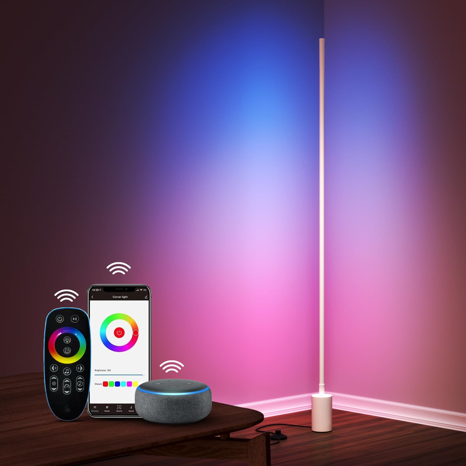 BESTY HOME LED RGB Floor Lamp Smart Standing Lamp with Remote Control Modern Thin 3 Color Temperatures Standing Lamp for Reading, Living Rooms, Bedroom and Offices (White - RGB, 150 CM)