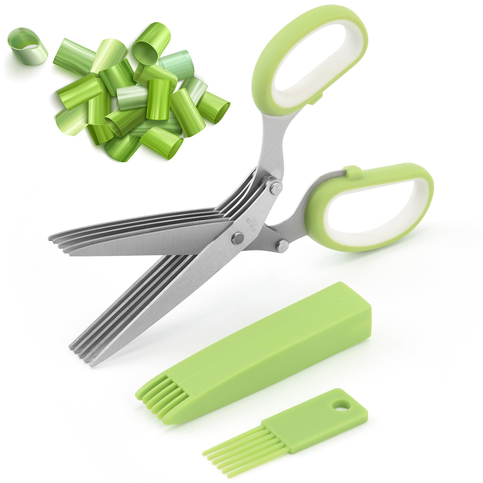 5 Blade Kitchen Salad Scissors Stainless Steel with Cover, Herb Scissors Upgrated Grinding Kitchen Shears for Chopping Cilantro Vegetable Scallion Parsley Salad Green (1 Pair for Herb Green)