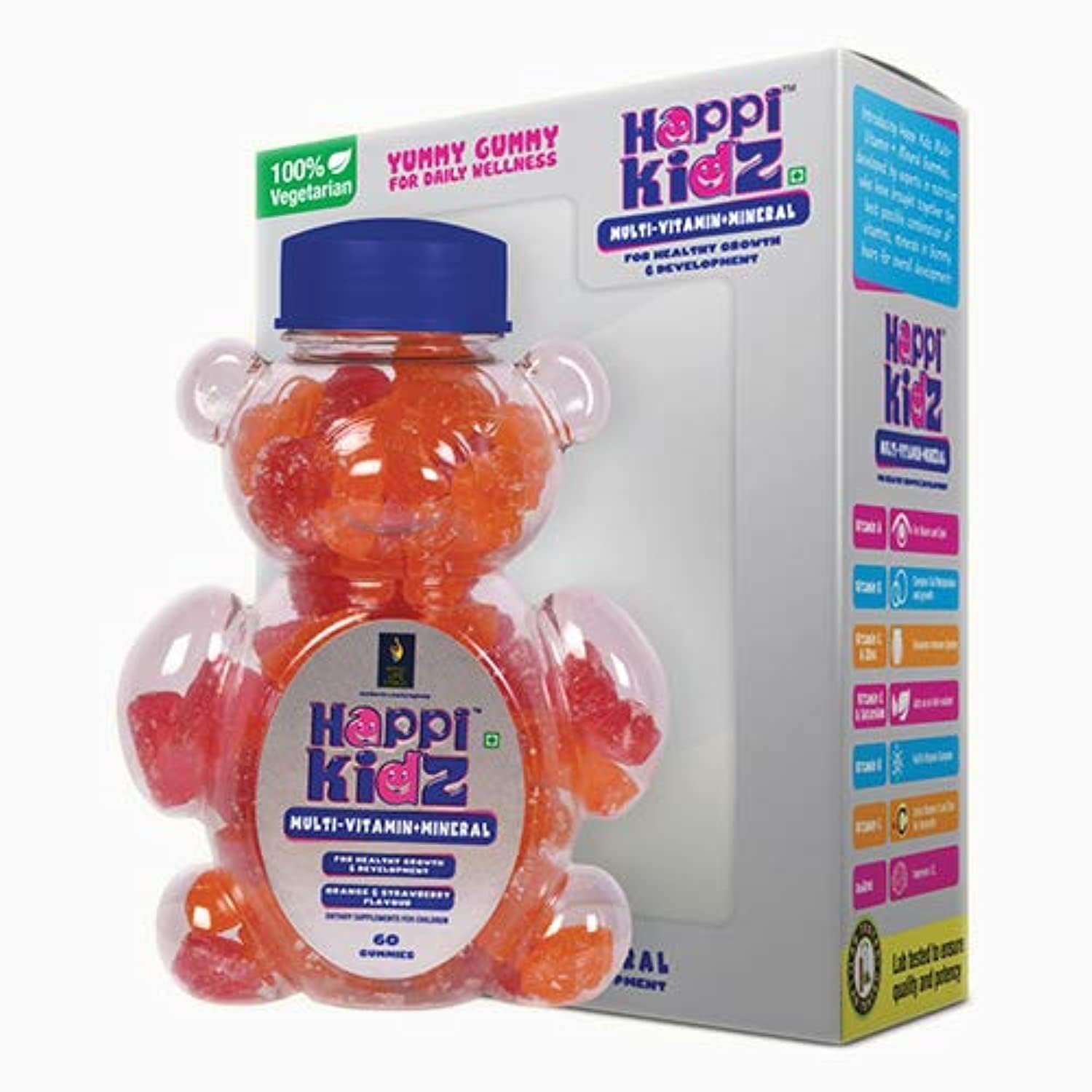 BRITISH LIFE SCIENCES Happi Kidz Multivitamin Gummies for Kids (60 Gummy Bears) with Vitamins and Minerals for Growth and Immunity, Orange & Strawberry Flavour