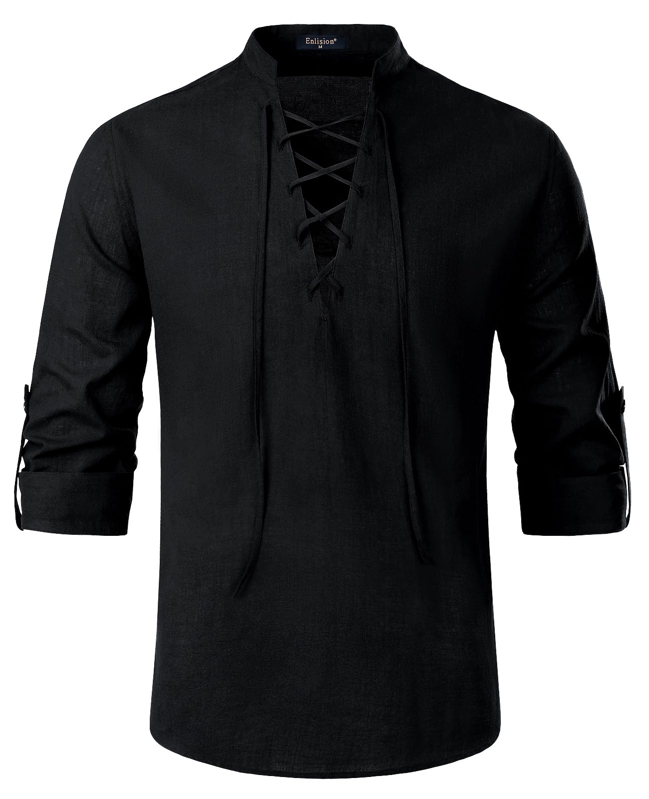 EnlisionMens Cotton Linen Shirt Classic Lace Up Long Sleeve Shirt Medieval Vintage Costume