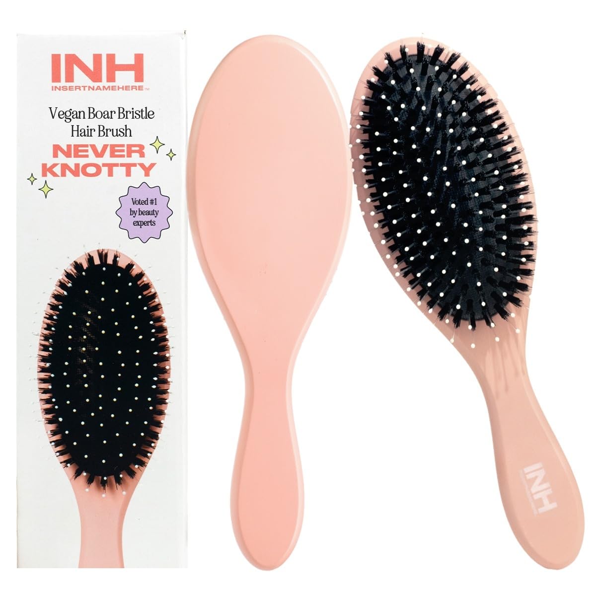 INH Boar Bristle Hair Brush | Smoothing Detangler Brush with Soft Vegan Mixed Bristles for Wet & Dry Hair | Detangling Anti-Frizz Wood Paddle Brush for Wig, Extensions, Human & Synthetic Hair | Peach