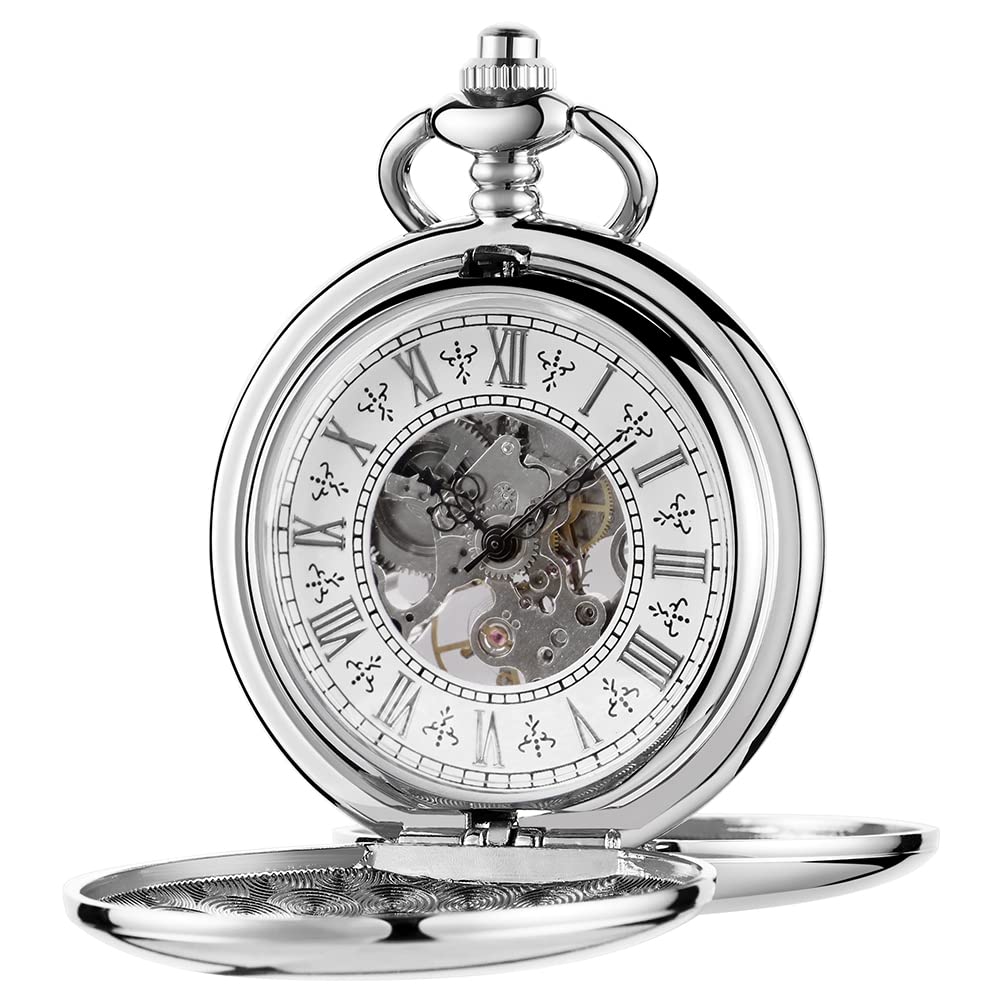 Vintage Mechanical Pocket Watch with Chain Stylish Skeleton Pocket Watches & Gift Box Men Women Birthday Christmas Day Best Gifts