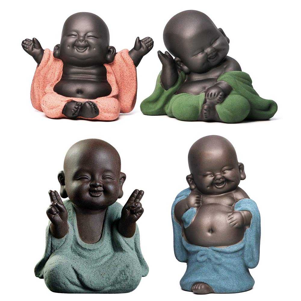 Kingzhuo A Collection of 4 Cutie Buddhas - Red Smiling, Blue Harvest, Green Happy, Gray Joyous Figurines - Adorable Monk Statues - Great Details - Giftable - Multicolor