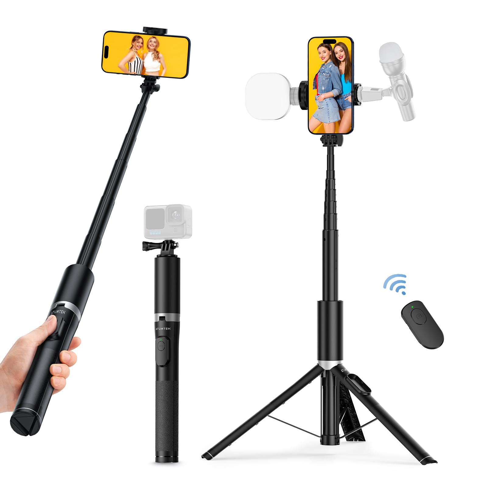 ATUMTEK70" Phone Tripod, Extendable Selfie Stick Tripod with Bluetooth Remote, All-in-One Aluminum Phone Tripod Stand for 4”-7” iPhone and Android Smartphones (A Spare Button Cell Included) Black