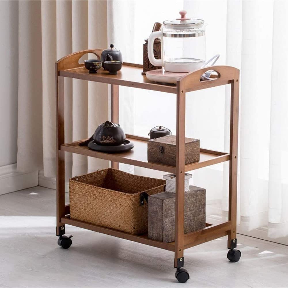 LINGWEI Bamboo Kitchen Trolley,3 And 4 Tier Kitchen Storage Rack Serving Trolley Island Cart with Rotating Wheels. (3 Floor)