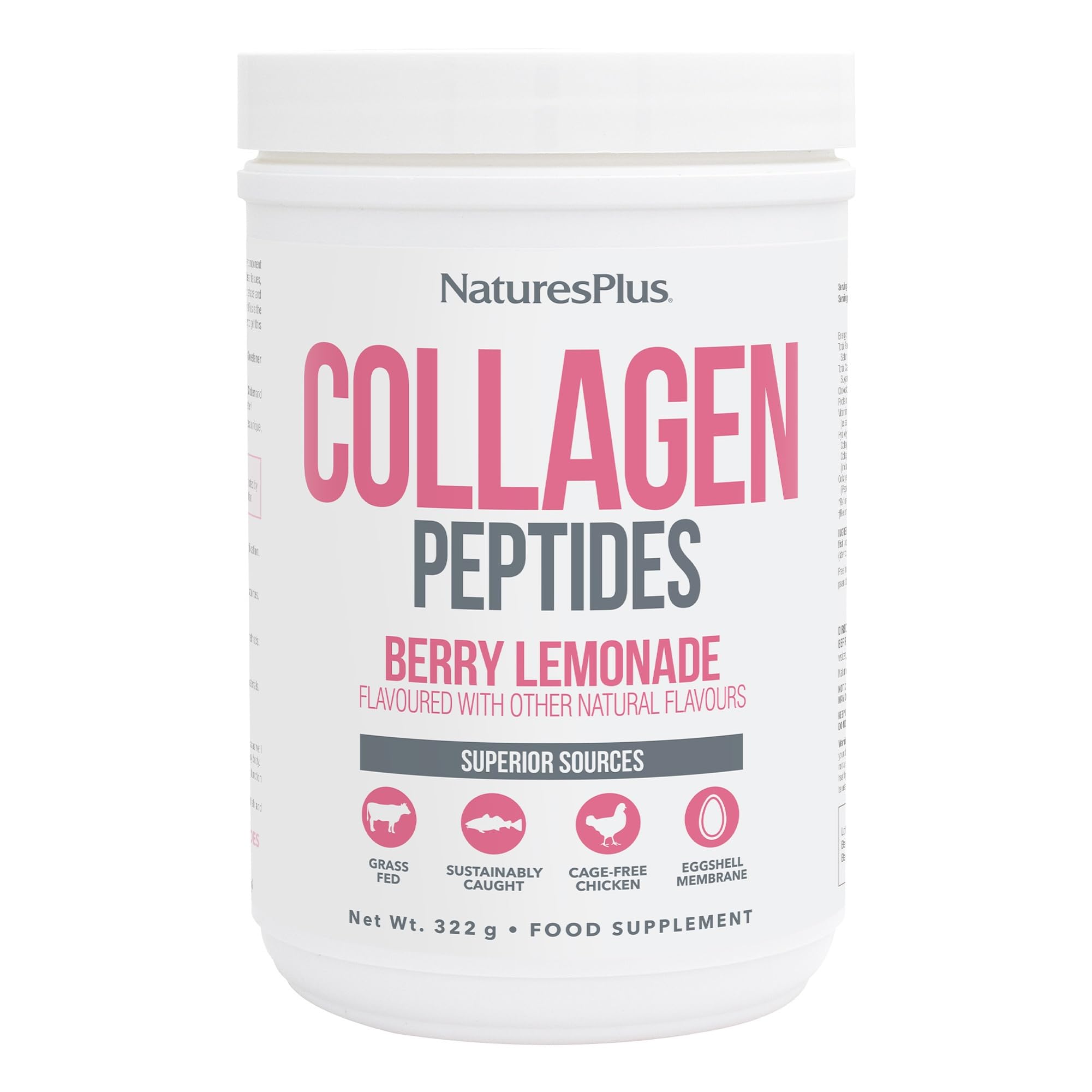 NaturesPlus Collagen Peptides Powder Berry Lemonade - Sustainable Hydrolysed Collagen Supplement, 6 Major Types of Collagen - Non-GMO, Gluten Free - 322 g