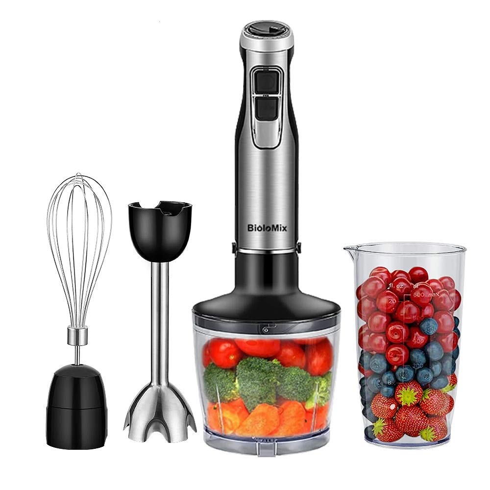 Biolomix 4 in 1 High Power 1200W Immersion Hand Stick Blender Mixer Includes Chopper and Smoothie Cup Stainless Steel Ice Blades