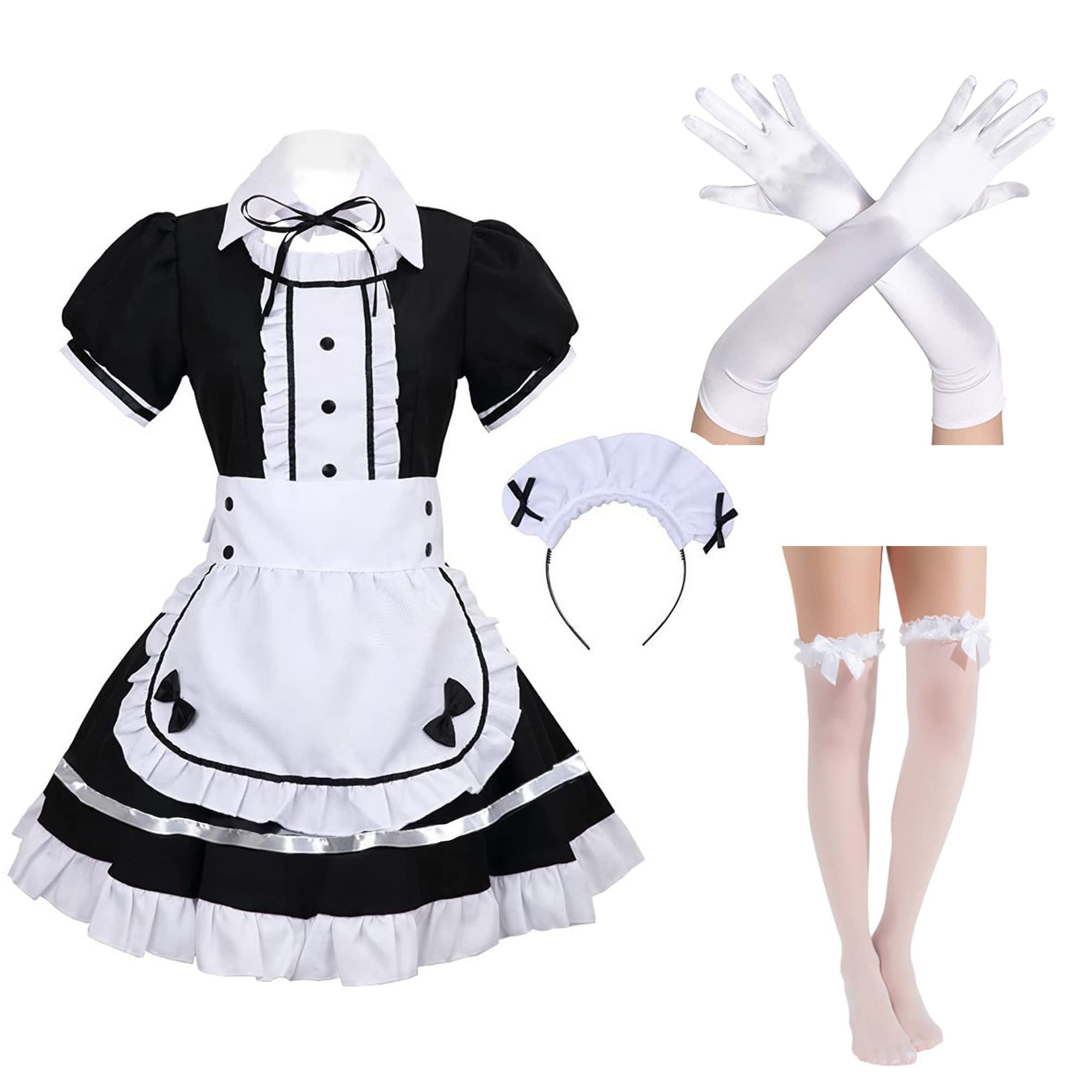 Mimeng Cute Lolite Costume Japanese Classic Anime Akihabara Maid Outfit Coseplay Maid Outfit Dress Set (XL, Black+White)