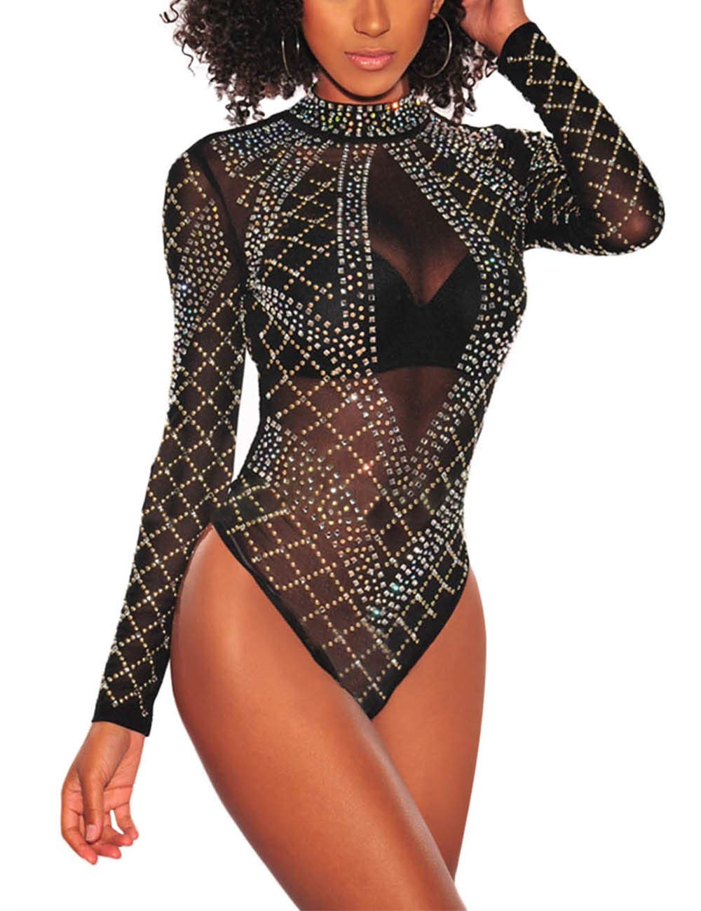 Black Rhinestone Studded Mesh Long Sleeves Bodysuit