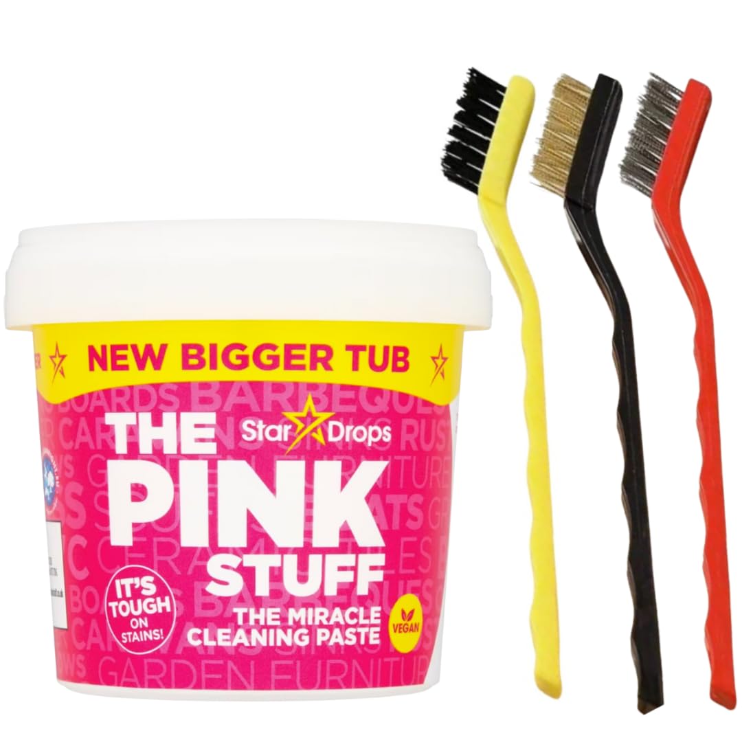 Pink Miracle Cleaning Paste 850g bundled with Three Stainless Steel Wire Cleaning Brushes with Long Handles. Ideal for burnt stuff, on stubborn stains in Kitchen, Hob, Oven, Bathroom, BBQ.